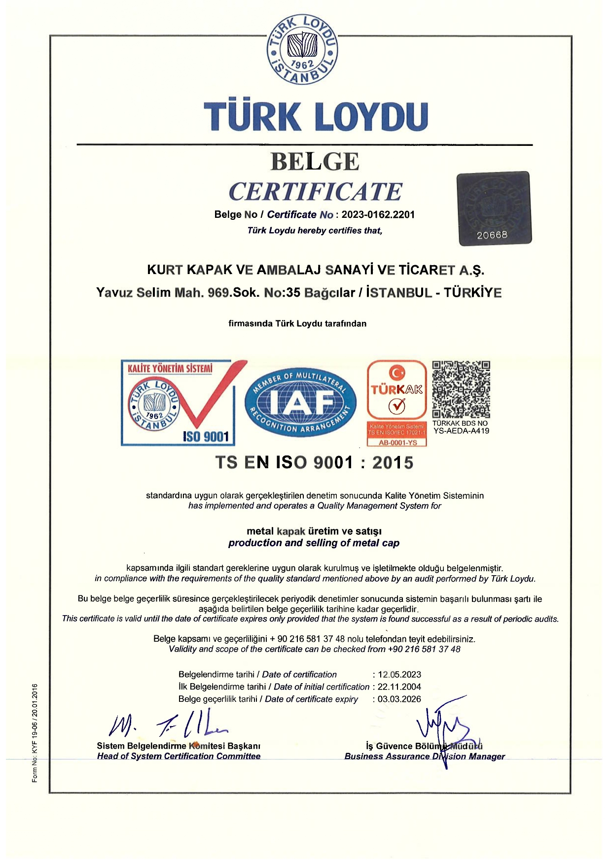 EN ISO 9001 Sertifikası